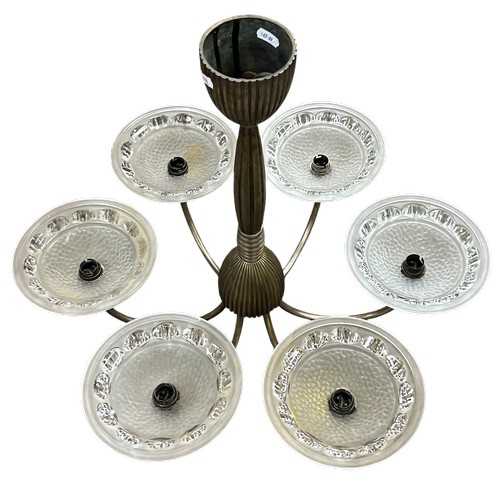 18 - 1920's French brushed nickel plated six-branch ceiling light,  with unsigned Ezan style glass shades... 