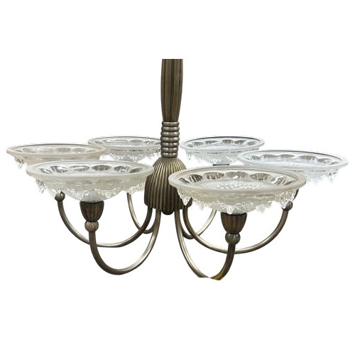 18 - 1920's French brushed nickel plated six-branch ceiling light,  with unsigned Ezan style glass shades... 