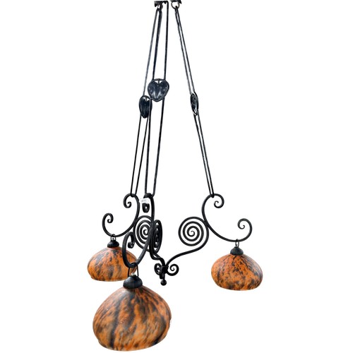 21 - 1930s French wrought iron three-arm electrolier with pat-de-Verre blue-orange hanging shades, approx... 