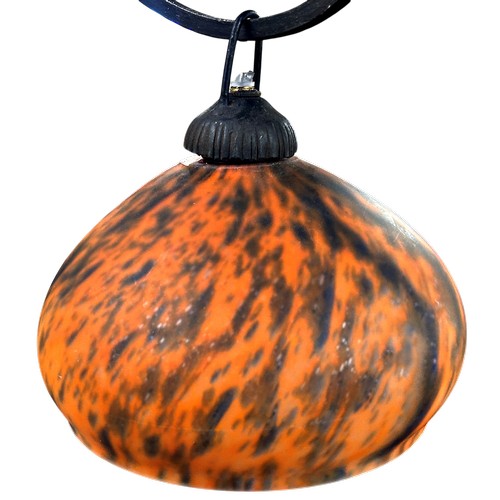 21 - 1930s French wrought iron three-arm electrolier with pat-de-Verre blue-orange hanging shades, approx... 