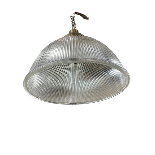 24 - A large retro holophane glass pendant light, with circular reeded shade, H 45cm approx (to base of c... 