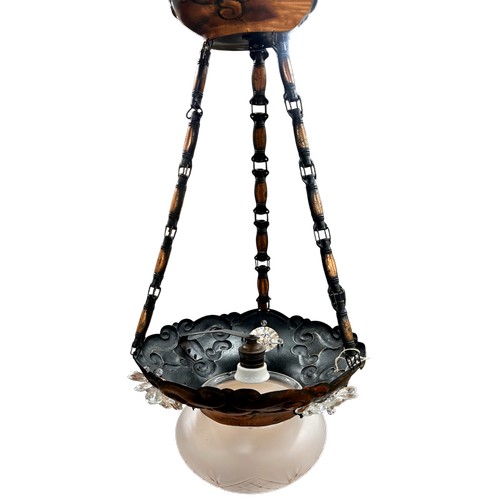 26 - Swiss 1920's copper ceiling light with frosted central glass shade and crystal flower design, H 66cm... 