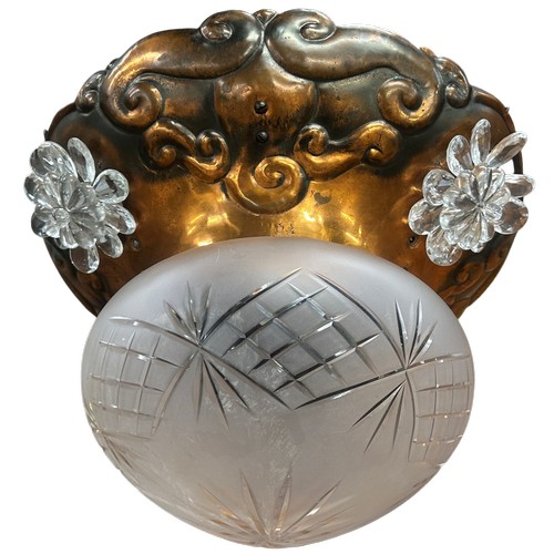 26 - Swiss 1920's copper ceiling light with frosted central glass shade and crystal flower design, H 66cm... 