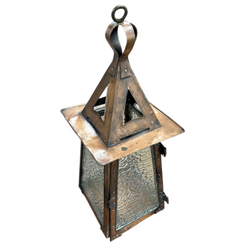 27 - Arts and Crafts English copper lantern with original glass panels, H 58cm