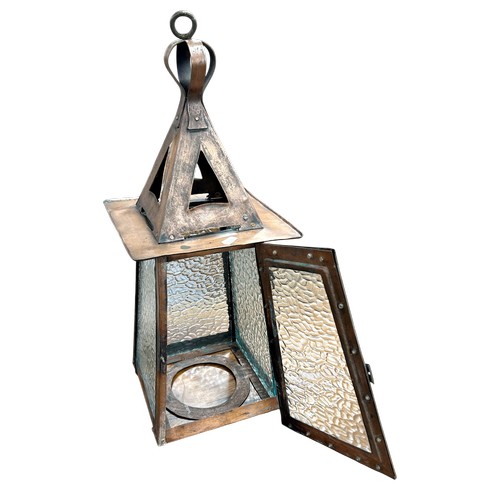 27 - Arts and Crafts English copper lantern with original glass panels, H 58cm