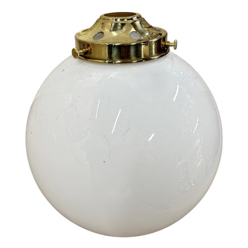 31 - Set of five white glass globe light shades with brass fittings, H 21cm (one af)