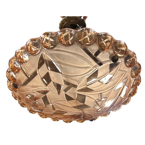 32 - French 1930's pink glass plafonnier with moulded leaf decoration, and brass ceiling fitting, D 39cm