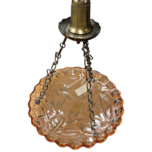 32 - French 1930's pink glass plafonnier with moulded leaf decoration, and brass ceiling fitting, D 39cm