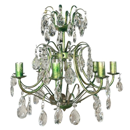 34 - Pair of eight-light green painted chandeliers with crystal droplets, H 55cm approx (to base of chain... 