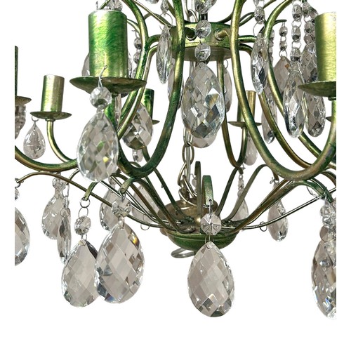 34 - Pair of eight-light green painted chandeliers with crystal droplets, H 55cm approx (to base of chain... 