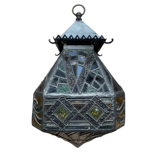 38 - Mid 20th Century English stained leaded glass hanging lantern, with an architectural form ceiling fi... 