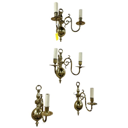 46 - Pair of early 20th century polished brass double-arm Dutch wall lights, H 31cm, together with a pair... 
