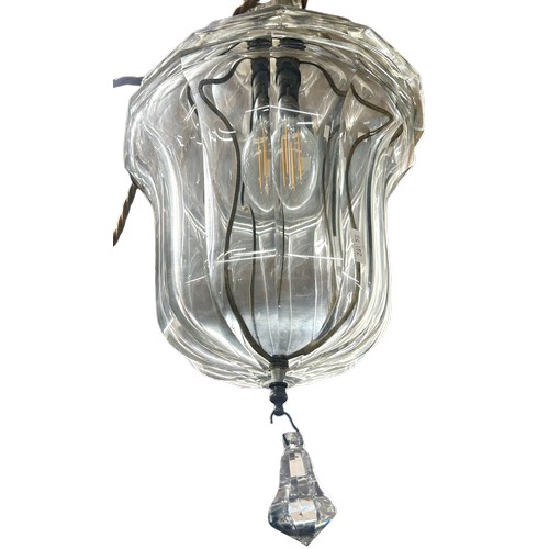 51 - Early 20th century glass bell-form pendant ceiling light, with single droplet below, H 50cm approx