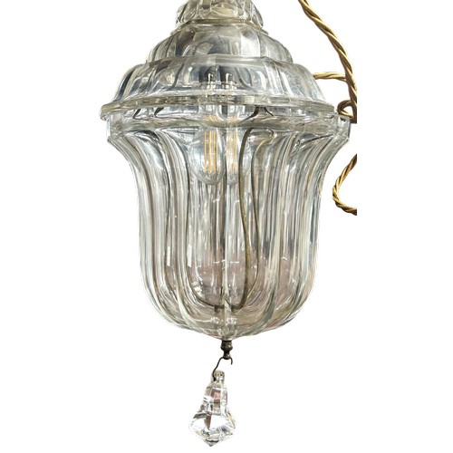 51 - Early 20th century glass bell-form pendant ceiling light, with single droplet below, H 50cm approx
