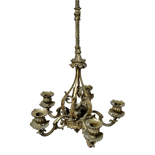 53 - 19th Century French five-arm bronze chandelier, circa 1860s-80s, with classical acanthus detail, H 6... 