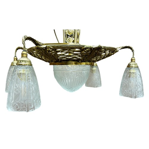 12 - 1920's French 'Lelue' brass gilded ormolu chandelier, with central dome shaped glass shade and four ... 