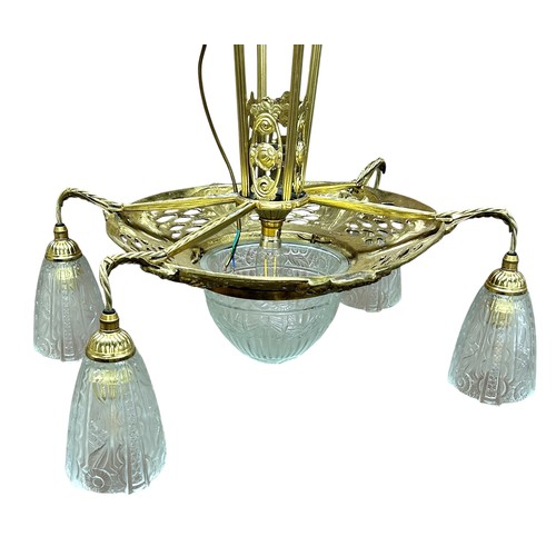 12 - 1920's French 'Lelue' brass gilded ormolu chandelier, with central dome shaped glass shade and four ... 