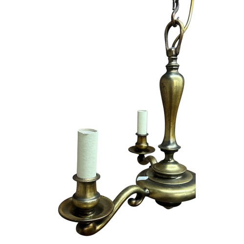 14 - English 1920's bronze three-branch ceiling light, H 64cm