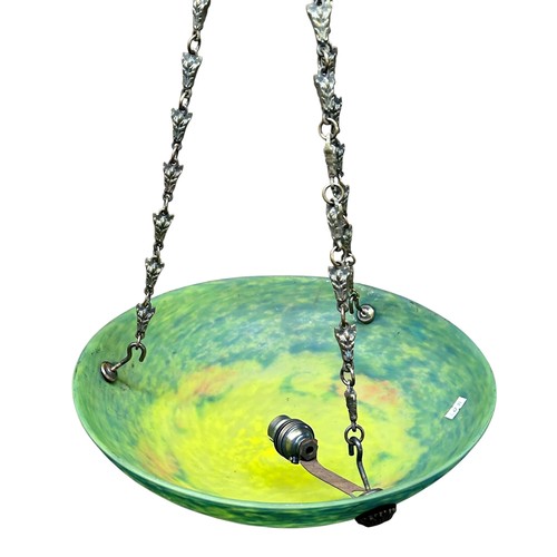 15 - French 1920's plafonnier Pat-de-Verre pendant light, complete with brass chain set, Signed 