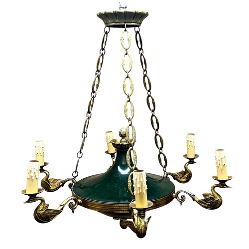 22 - French 1920's empire style six-light brass chandelier, with green enamel centre and branches modelle... 