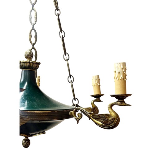 22 - French 1920's empire style six-light brass chandelier, with green enamel centre and branches modelle... 