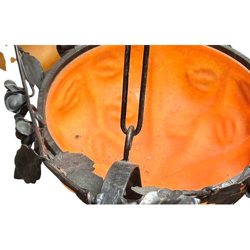 23 - 1920's French wrought iron ceiling light with central Pat-De-Vere orange moulded glass plafonnier an... 