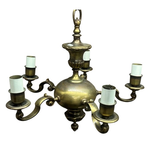 52 - Faraday and Son - A British 1930's five-arm bronze chandelier with acorn finial, H 49cm x W 51cm app... 