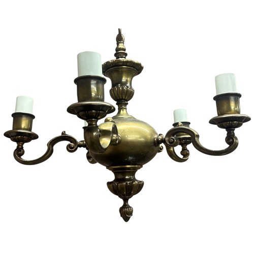52 - Faraday and Son - A British 1930's five-arm bronze chandelier with acorn finial, H 49cm x W 51cm app... 