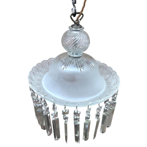 57 - English 1950's crystal chandelier with frosted top and hanging drops, H 35cm (up to base of chain at... 