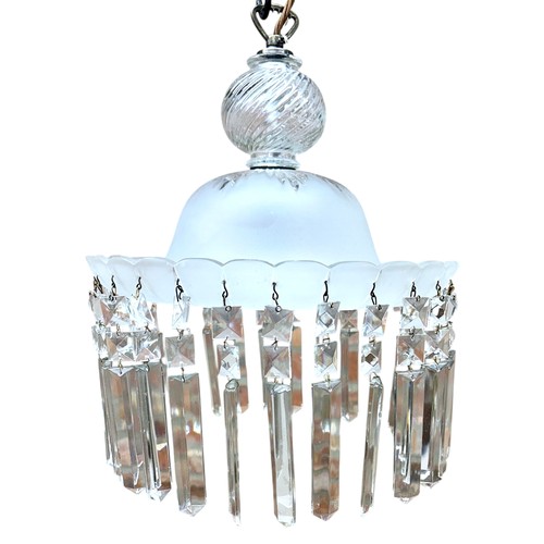 57 - English 1950's crystal chandelier with frosted top and hanging drops, H 35cm (up to base of chain at... 