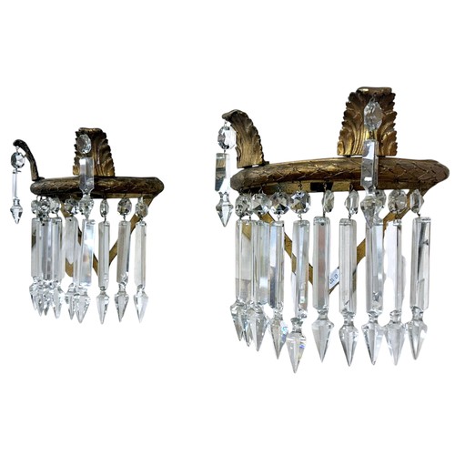 58 - Pair of French early 20th century gilt bronze wall lights with crystal drops, each H 26cm x W 24cm