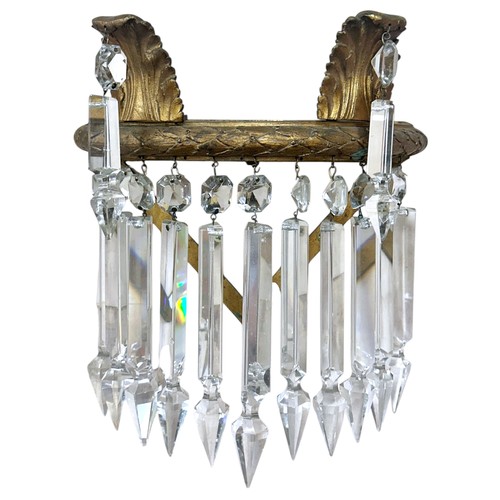 58 - Pair of French early 20th century gilt bronze wall lights with crystal drops, each H 26cm x W 24cm