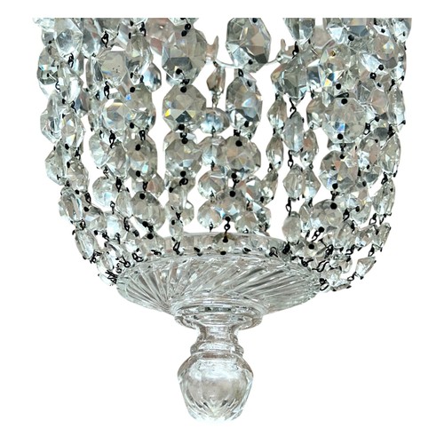 59 - Early 20th century English crystal bag-form chandelier, H 40cm (to bottom of chain) x D 24cm