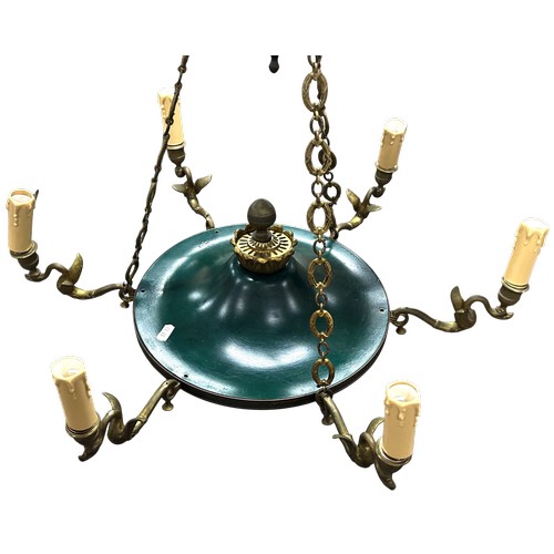 28 - French empire late 1920's/30's six-light electrolier with green painted metal centre and gilt arms m... 