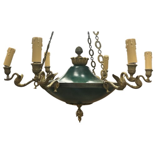 28 - French empire late 1920's/30's six-light electrolier with green painted metal centre and gilt arms m... 