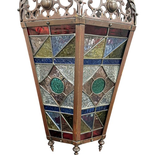 43 - An impressive Victorian hexagonal hall lantern with stained glass panels, gas converted, H 68cm x W ... 