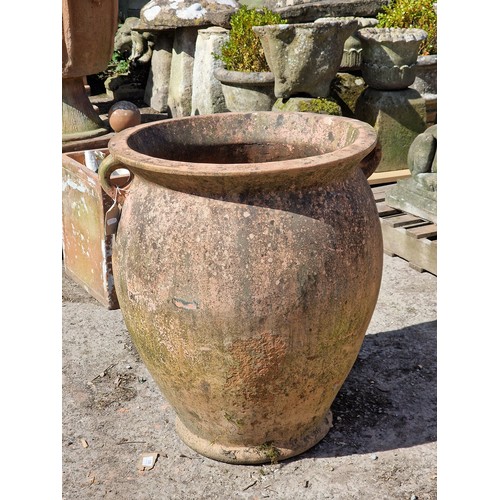 125 - Weathered terracotta twin handled amphora urn, H 69cm x W 55cm
