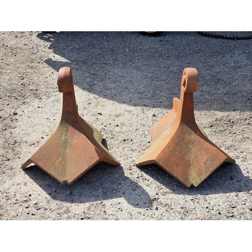 129 - Pair of terracotta roof tiles with scrolled finials, stamped Bridgwater, H 45cm x W 54cm x D 48cm (2... 