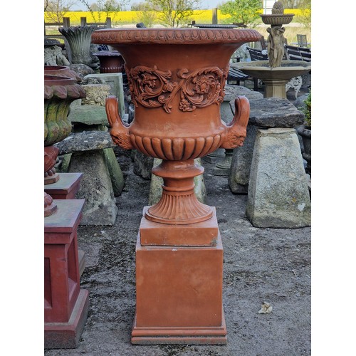 134 - Georgian style reconstituted stone terracotta effect garden urn with scrolling acanthus relief and t... 