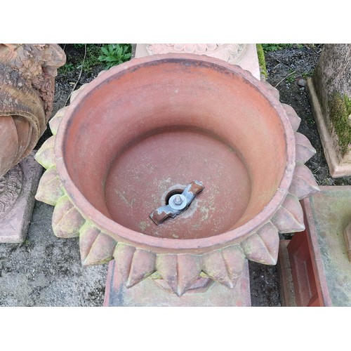 135 - Pair of antique terracotta effect garden urns with lobed bowls and spiked rims, raised on octagonal ... 