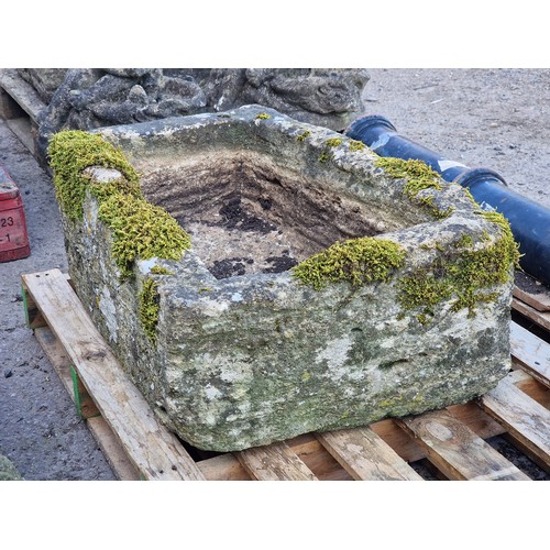 138 - Well weathered rustic natural stone garden trough, H 29cm x W 72cm x D 53cm