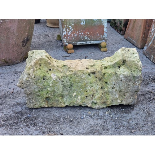 139 - Weathered rustic natural stone garden feature, H 32cm x W 72cm x D 24cm