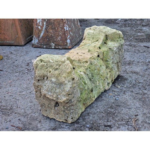 139 - Weathered rustic natural stone garden feature, H 32cm x W 72cm x D 24cm