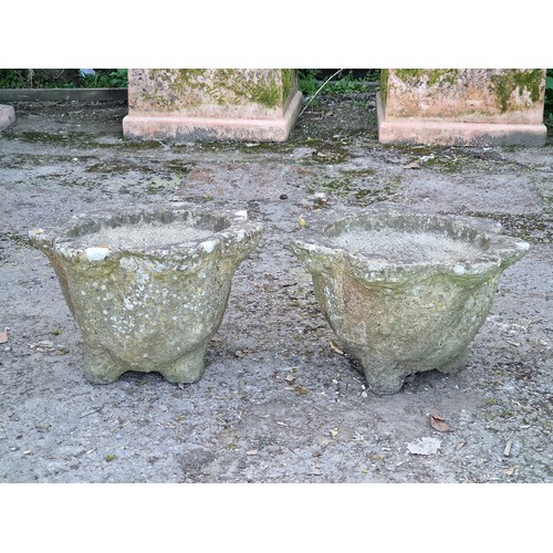 140 - Pair of weathered reconstituted stone planters in the form of mortars with shaped rims, H 26cm x W 4... 