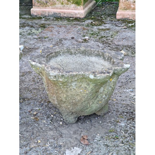 140 - Pair of weathered reconstituted stone planters in the form of mortars with shaped rims, H 26cm x W 4... 