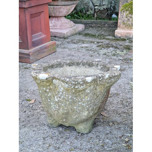 140 - Pair of weathered reconstituted stone planters in the form of mortars with shaped rims, H 26cm x W 4... 