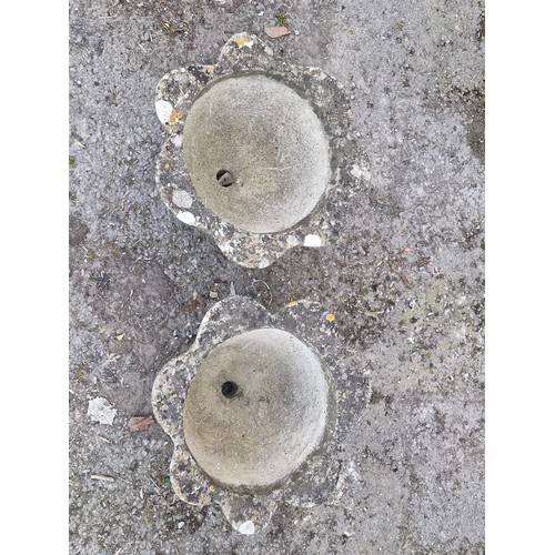 140 - Pair of weathered reconstituted stone planters in the form of mortars with shaped rims, H 26cm x W 4... 