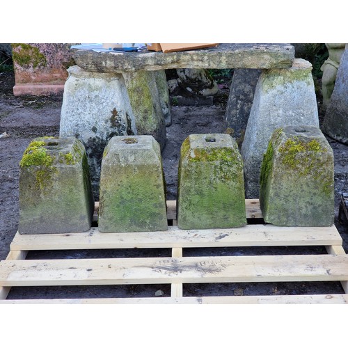 143 - Matched set of four well weathered natural stone bollards with chamfered tops, H 35cm x W 27cm x D 2... 