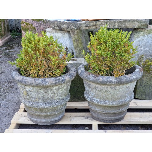 144 - Pair of weathered reconstituted stone garden planters with banded detail, H 37cm x W 45cm (2)