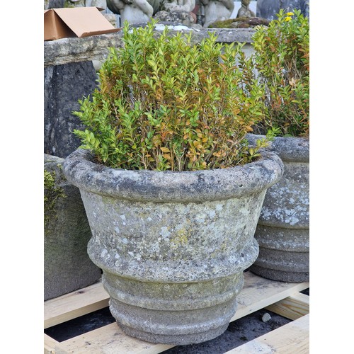 144 - Pair of weathered reconstituted stone garden planters with banded detail, H 37cm x W 45cm (2)